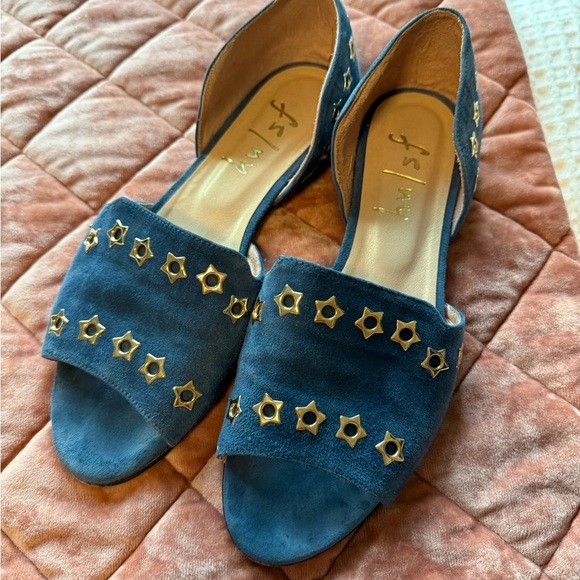 French Sole Shoes - French Sole Suede Blue Flats with Gold Star Accents